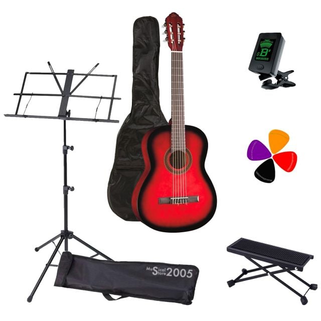Kit Completo EKO CS10 Red Burst Chitarra Classica 4/4 - Include Borsa, Poggiapiede Regolabile, Accordatore Cromatico, Leggio e Set di Plettri