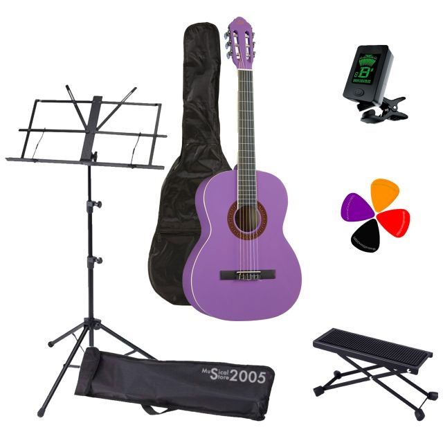 Kit Completo EKO CS10 Violet Chitarra Classica 4/4 - Include Borsa Leggera, Poggiapiede Regolabile, Accordatore Cromatico, Leggio e Set di Plettri