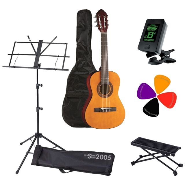 Kit Completo EKO CS10 Chitarra Classica 4/4 Natural - Include Borsa, Poggiapiede Regolabile, Accordatore Cromatico, Leggio e Set di Plettri