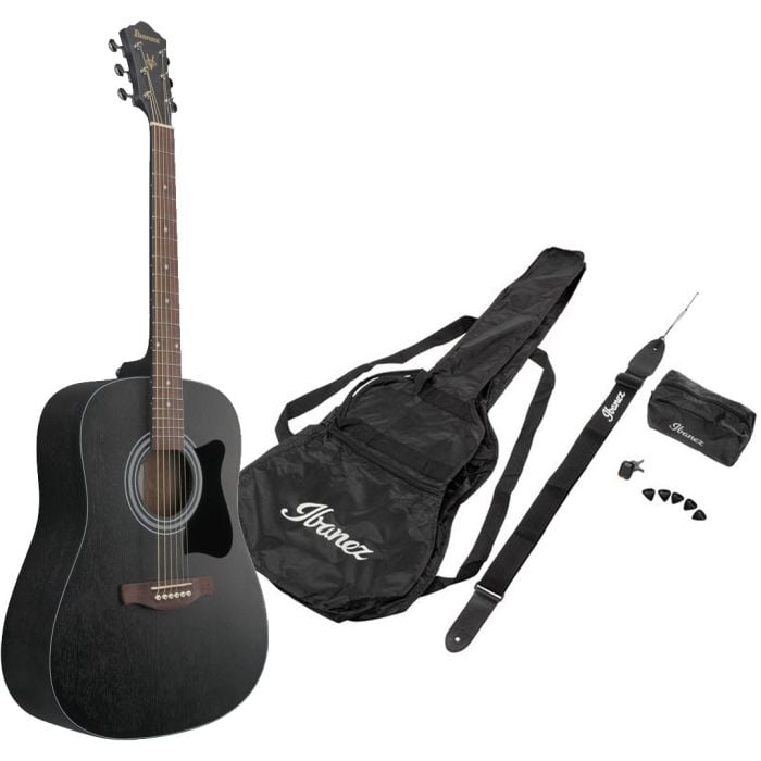 Chitarra Acustica Dreadnought Nera con Borsa e Accessori IBANEZ V54NJP-WK Black Weathered Open Pore