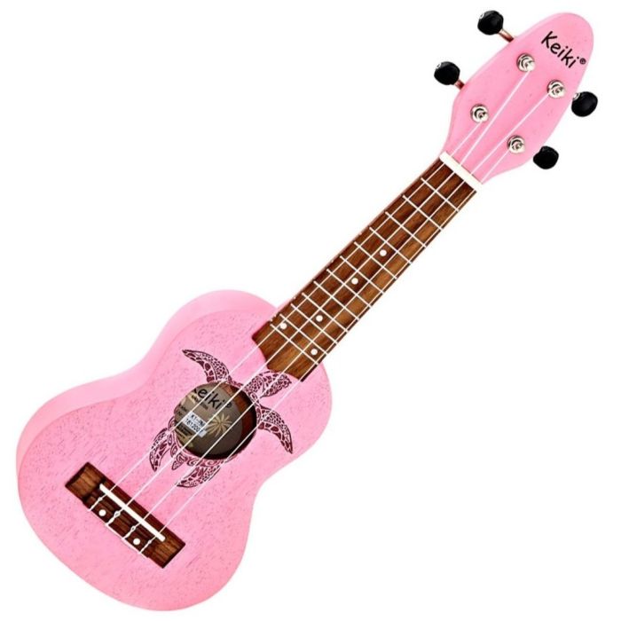 Ukulele Sopranino Keiki K1-PNK Ukulele Sopranino 4 Corde Rosa Satinato con Incisione Tartaruga