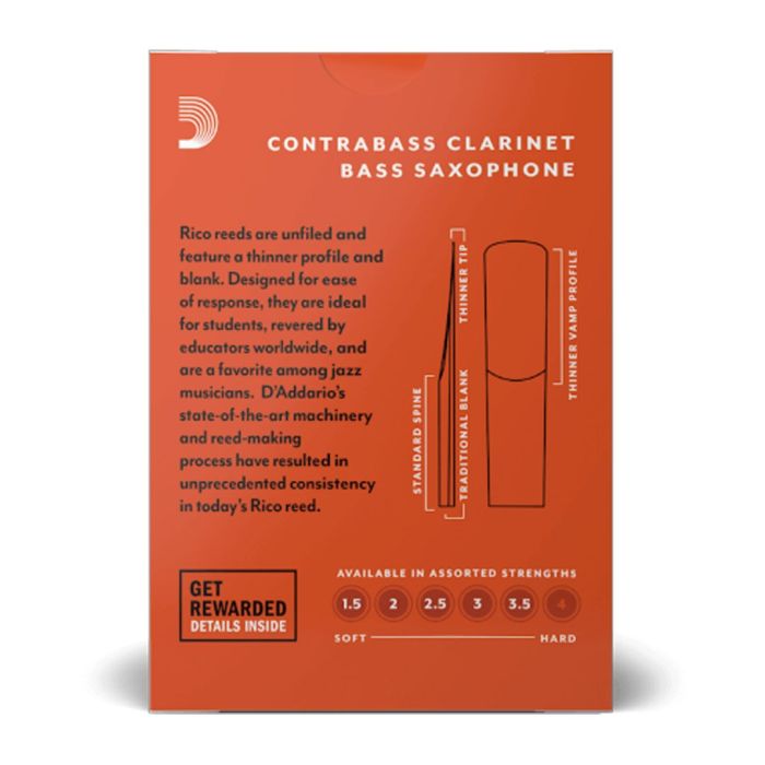 10 Ance per Clarinetto contrabbasso / Sassofono basso Durezza 3,0 Rico by D'Addario Contra Clarinet / Bass Sax Reeds 3 10-pack