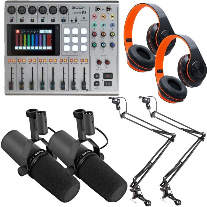 Bundle PodTrak P8  Registratore per Podcasting con 2x Microfoni, 2x Aste, e 2x Cuffie ZOOM PodTrak P8 + 2x Shure SM7B + 2x Aste + 2x Cuffie