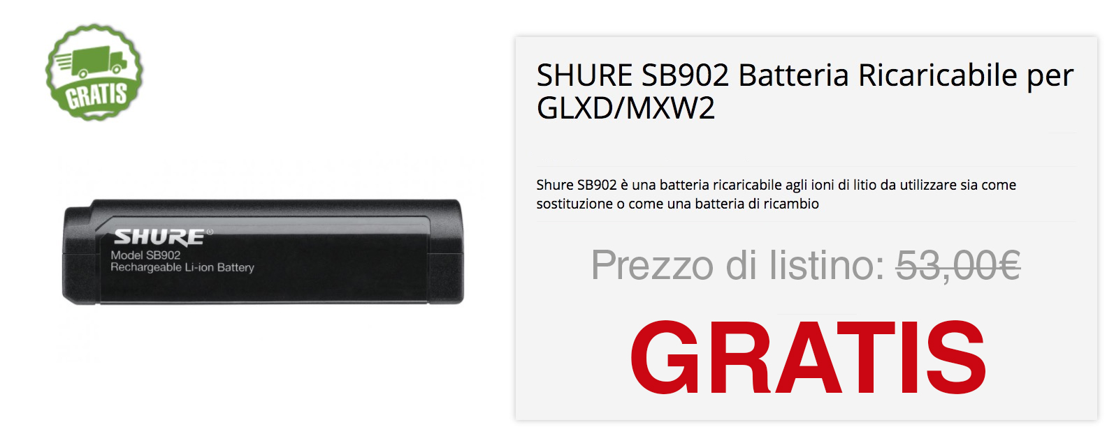 SHURE SB902 Batteria Ricaricabile per GLXD/MXW2